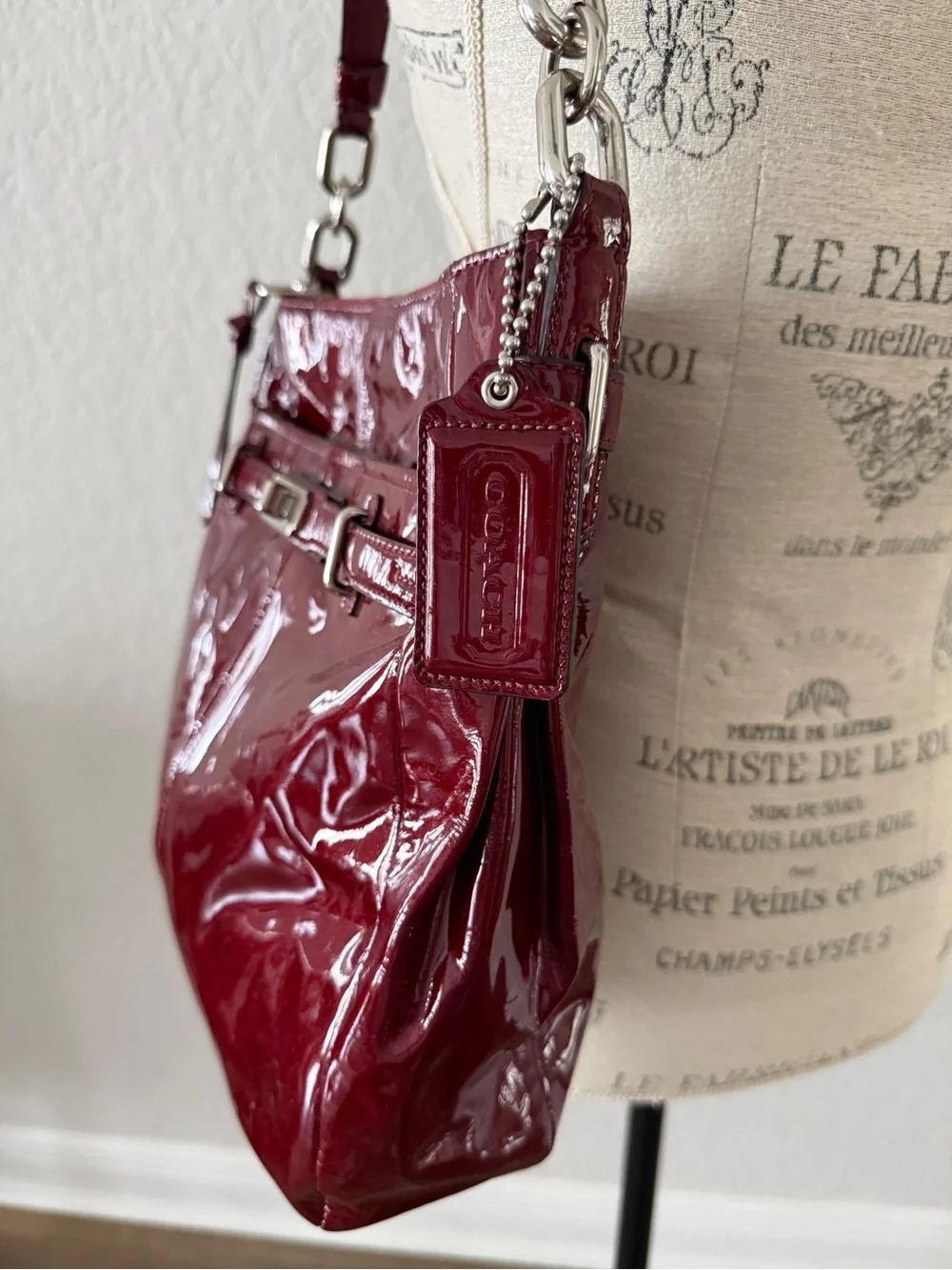 COACH Chelsea F17861 Crimson Red Patent Leather Shoulder Bag Silver Hardware